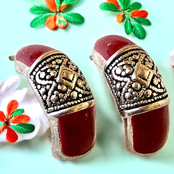 Vintage Earrings Brown Enamel & Silver-tone Half Hoop Pierced Posts - Picture 3 of 10